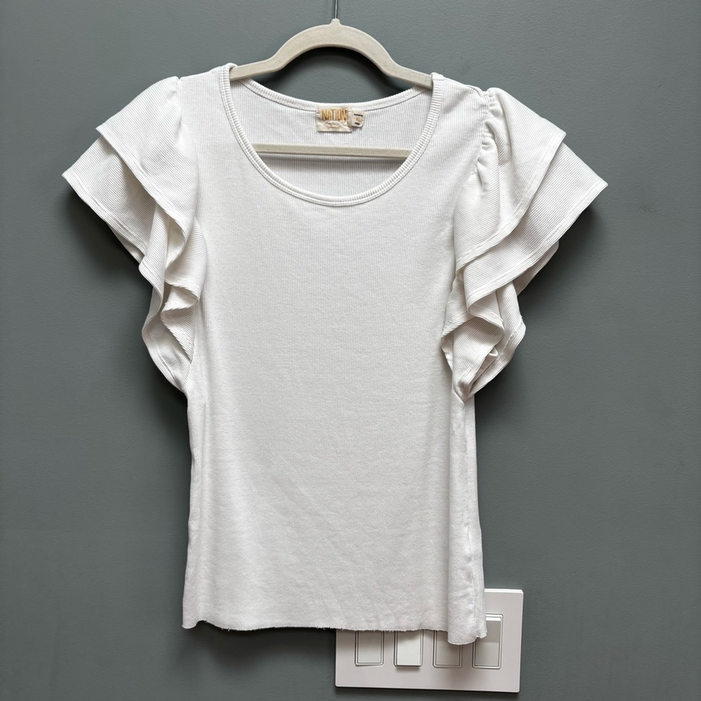 Nation LTD Ribbed Flutter Sleeve Scoop Neck Pima Cotton Top in White XL